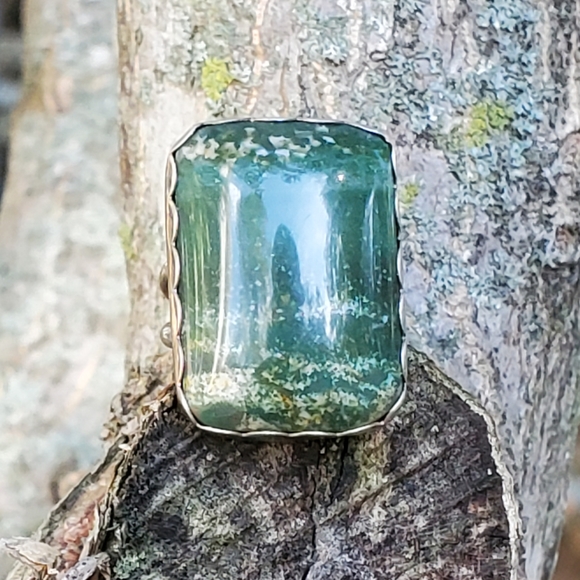 Navajo Sterling Signed TP Large 1" Tree Agate Ring 7 3/4 - Picture 6 of 11